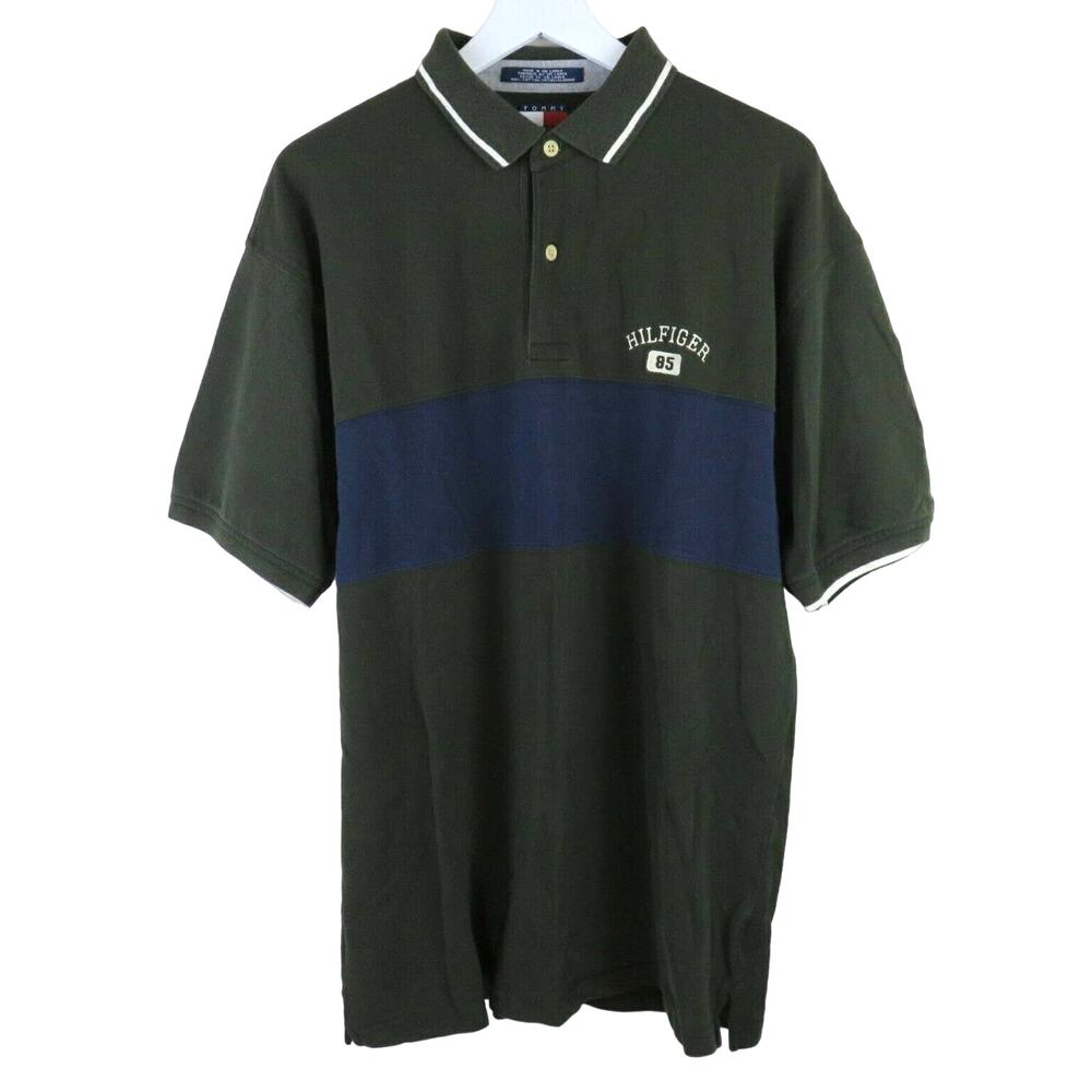 Tommy Hilfiger Dark Green Blue Color Block Preppy Polo Shirt - Men's L